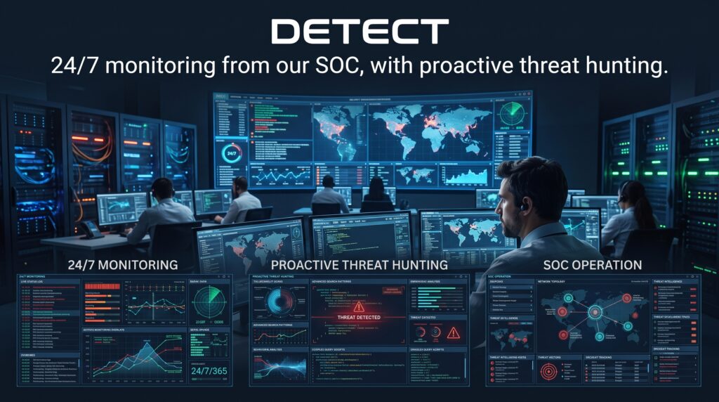 Detect — 24/7 monitoring from our SOC, with proactive threat hunting.