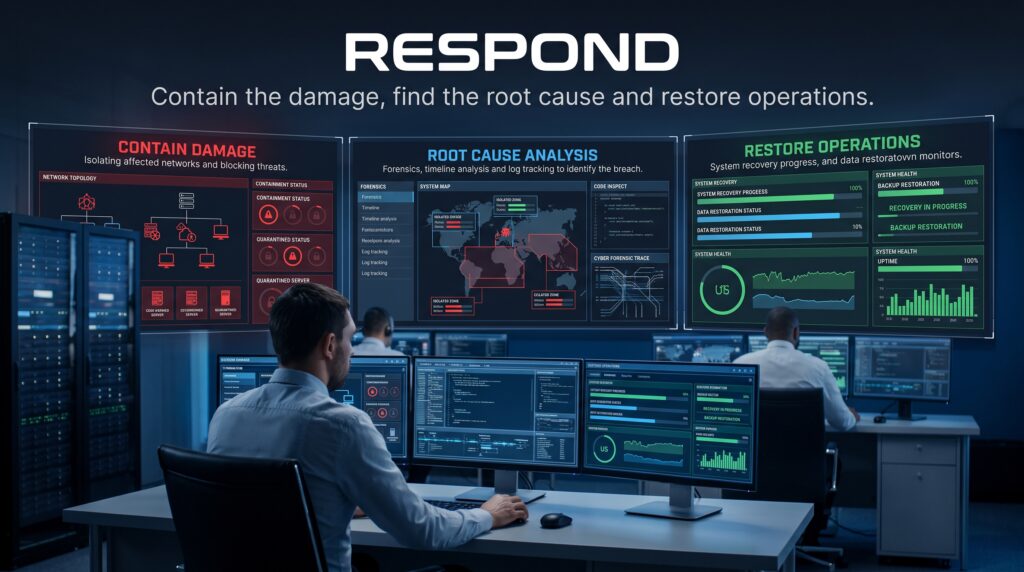 Respond — Contain the damage, find the root cause and restore operations.